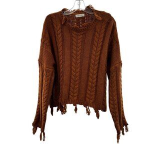 Fashion on Earth Women's Cable Knit Sweater Long Sleeve Brown Size Large Fringe